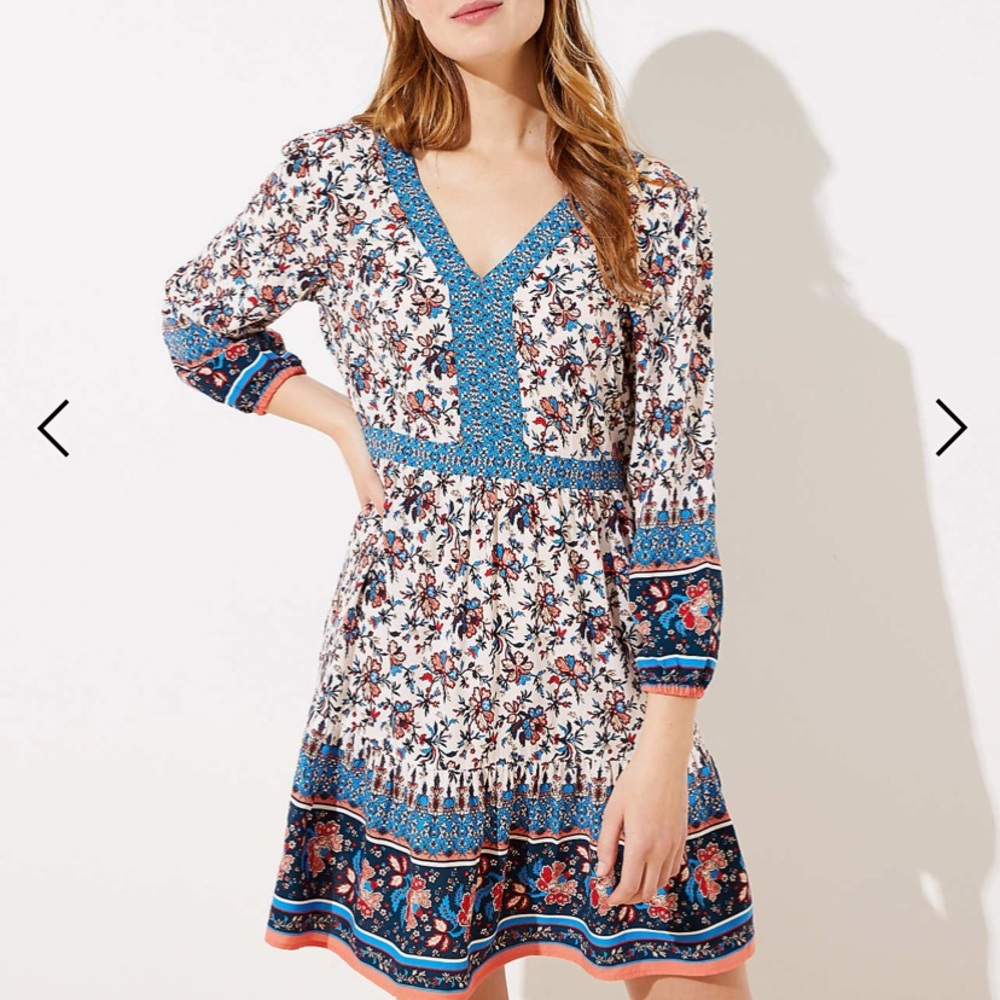 LOFT Blue and White Sundress V-Neck Bishop Sleeves